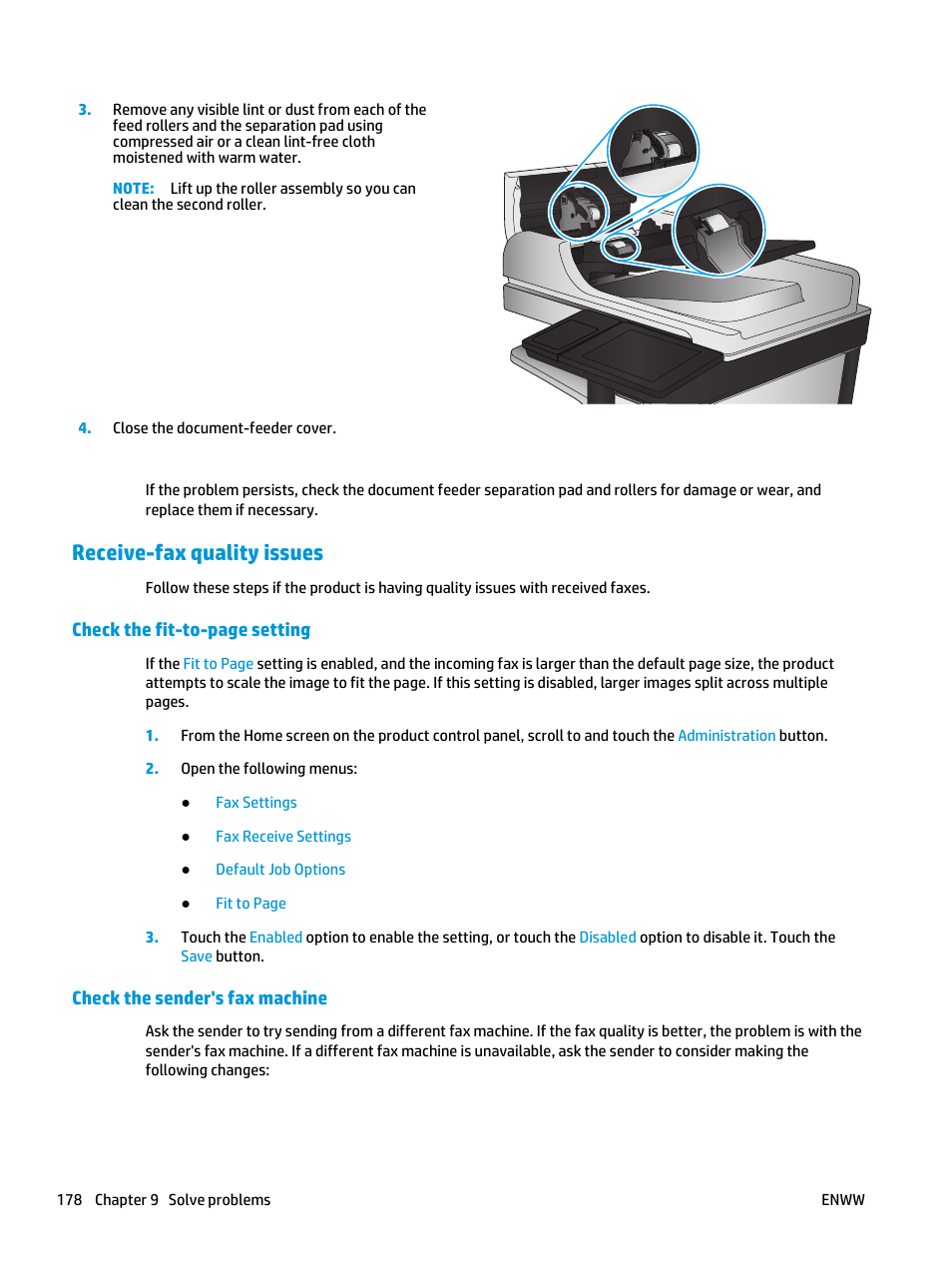 Receive-fax quality issues, Check the sender's fax machine | HP Color LaserJet Enterprise flow M880 Multifunction Printer series User Manual | Page 188 / 202