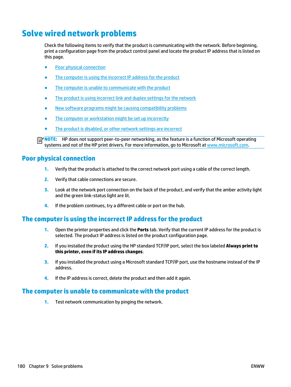 Solve wired network problems, Poor physical connection | HP Color LaserJet Enterprise flow M880 Multifunction Printer series User Manual | Page 190 / 202