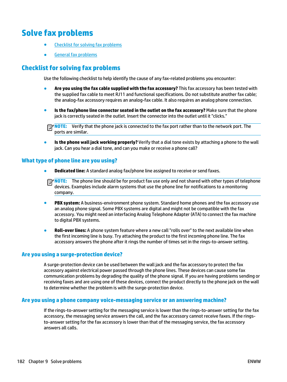 Solve fax problems, Checklist for solving fax problems, What type of phone line are you using | Are you using a surge-protection device | HP Color LaserJet Enterprise flow M880 Multifunction Printer series User Manual | Page 192 / 202