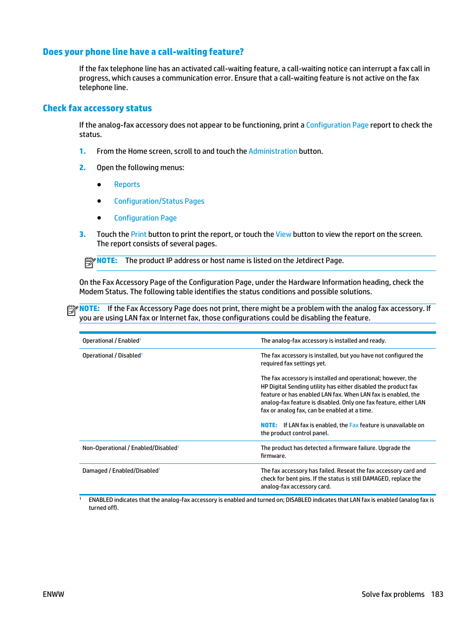 Does your phone line have a call-waiting feature, Check fax accessory status | HP Color LaserJet Enterprise flow M880 Multifunction Printer series User Manual | Page 193 / 202