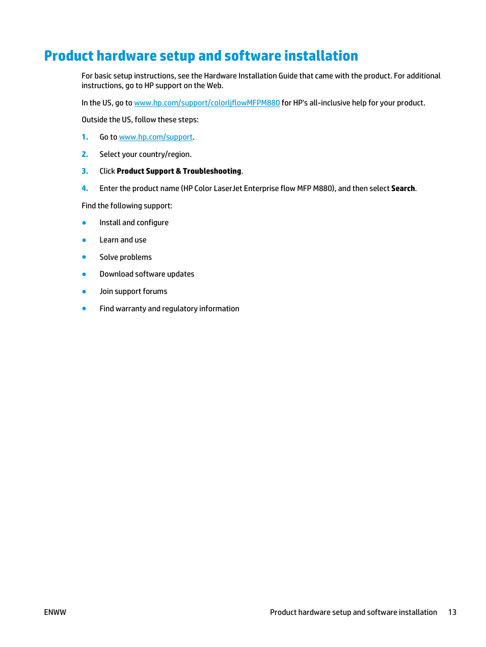 Product hardware setup and software installation | HP Color LaserJet Enterprise flow M880 Multifunction Printer series User Manual | Page 23 / 202
