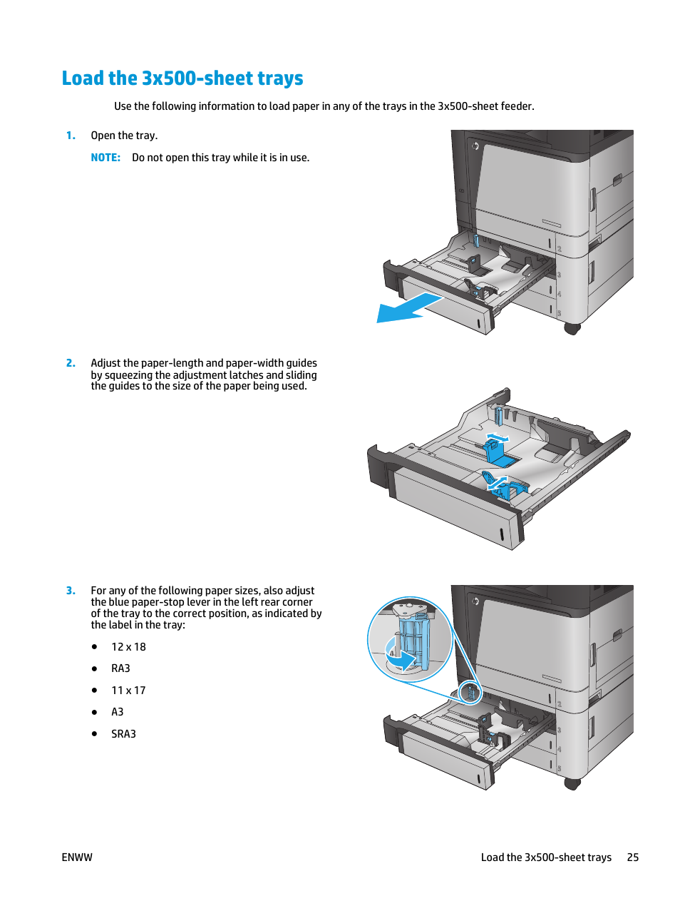 Load the 3x500-sheet trays | HP Color LaserJet Enterprise flow M880 Multifunction Printer series User Manual | Page 35 / 202