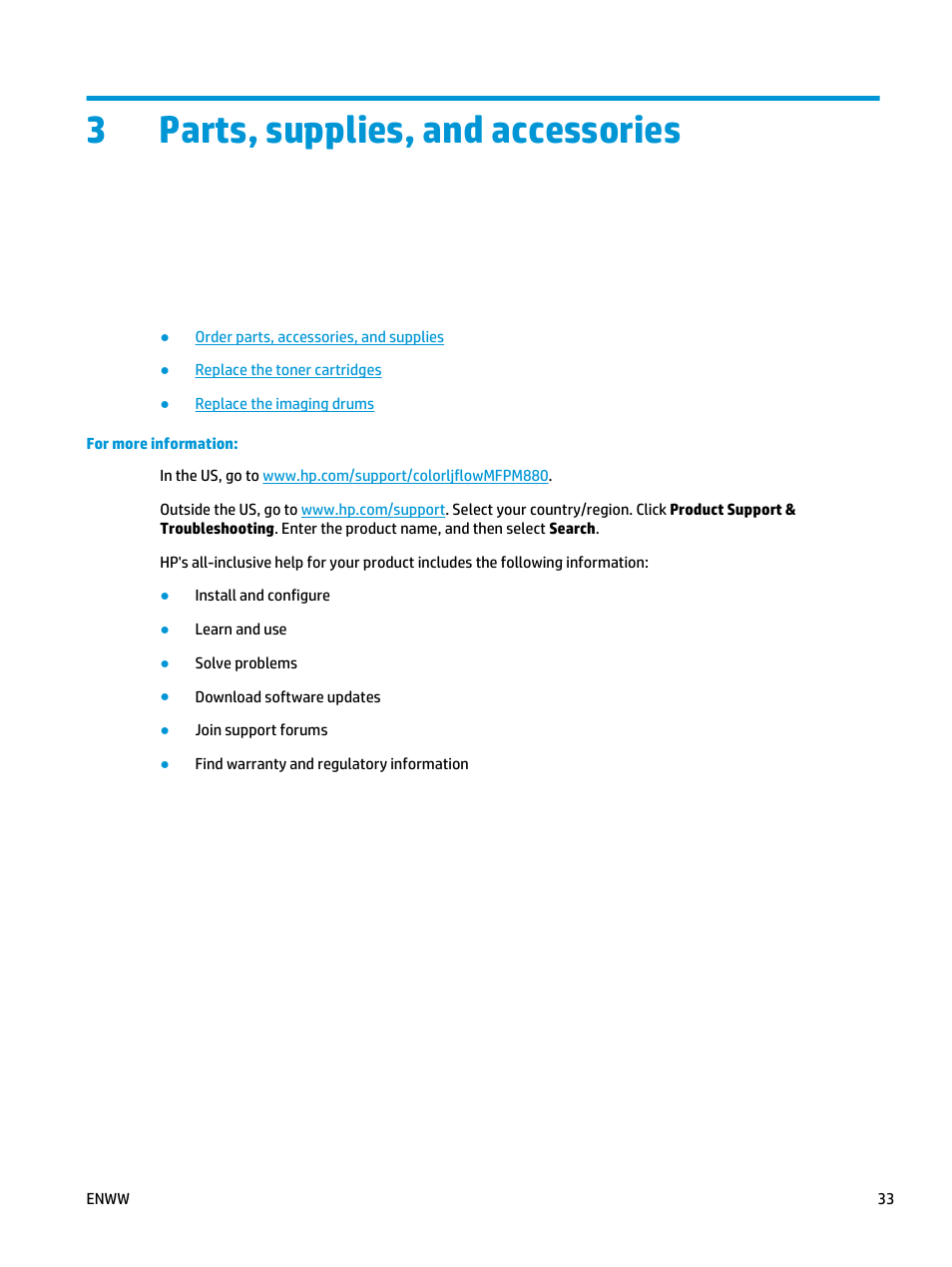 Parts, supplies, and accessories, 3 parts, supplies, and accessories, 3parts, supplies, and accessories | HP Color LaserJet Enterprise flow M880 Multifunction Printer series User Manual | Page 43 / 202