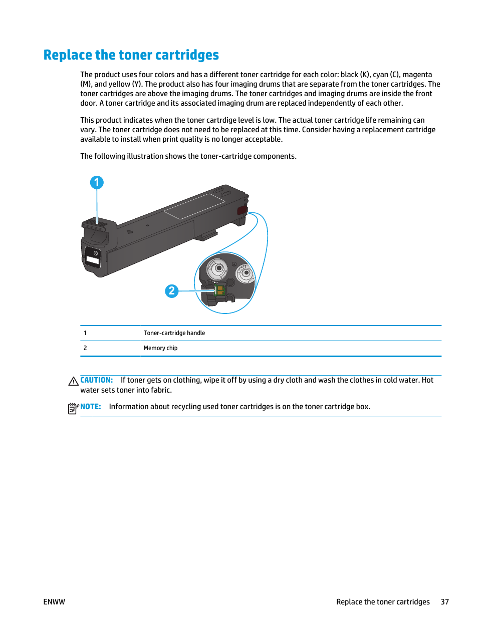 Replace the toner cartridges | HP Color LaserJet Enterprise flow M880 Multifunction Printer series User Manual | Page 47 / 202