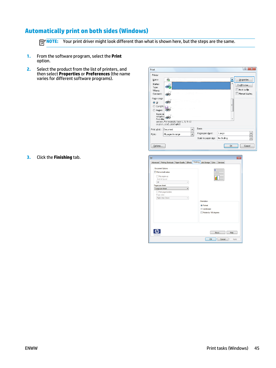 Automatically print on both sides (windows) | HP Color LaserJet Enterprise flow M880 Multifunction Printer series User Manual | Page 55 / 202