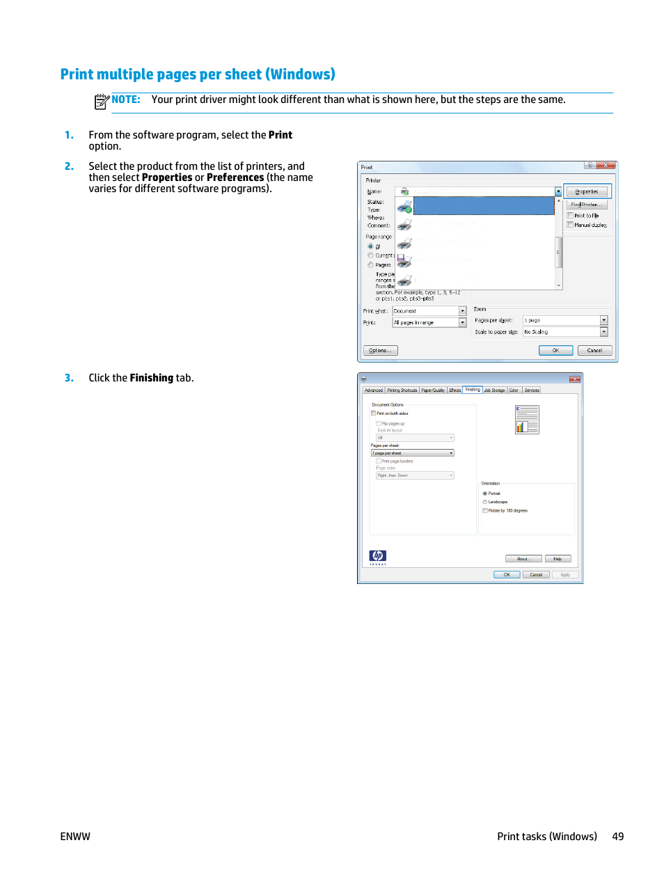 Print multiple pages per sheet (windows) | HP Color LaserJet Enterprise flow M880 Multifunction Printer series User Manual | Page 59 / 202