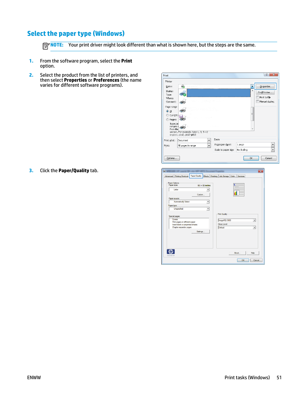 Select the paper type (windows) | HP Color LaserJet Enterprise flow M880 Multifunction Printer series User Manual | Page 61 / 202