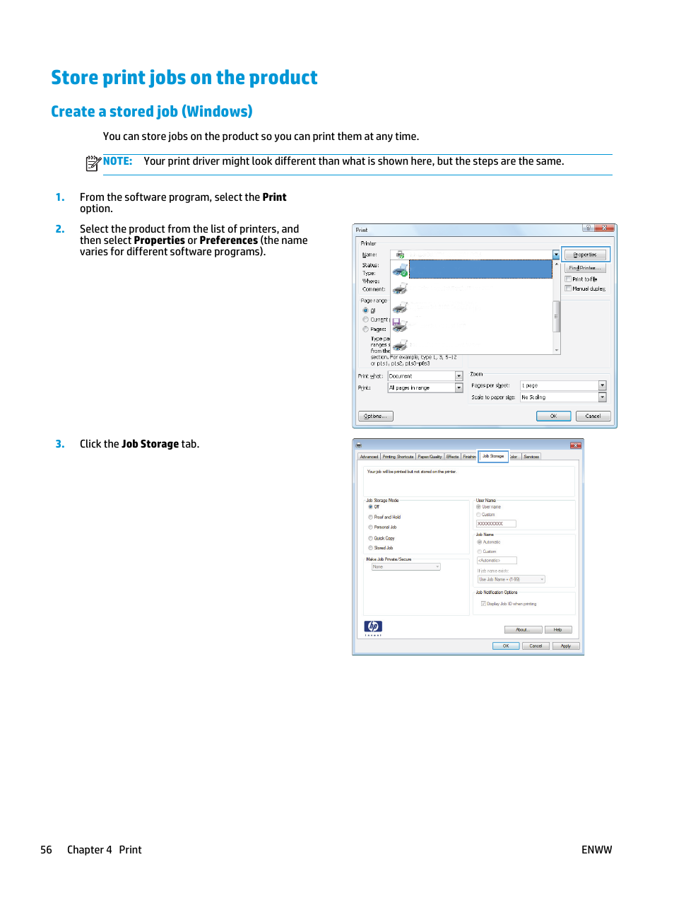 Store print jobs on the product, Create a stored job (windows) | HP Color LaserJet Enterprise flow M880 Multifunction Printer series User Manual | Page 66 / 202