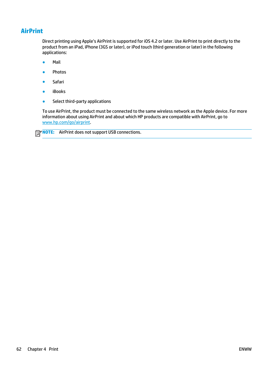 Airprint | HP Color LaserJet Enterprise flow M880 Multifunction Printer series User Manual | Page 72 / 202