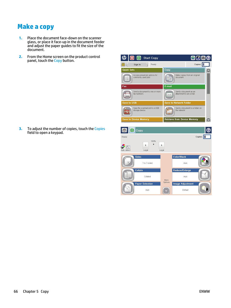 Make a copy | HP Color LaserJet Enterprise flow M880 Multifunction Printer series User Manual | Page 76 / 202