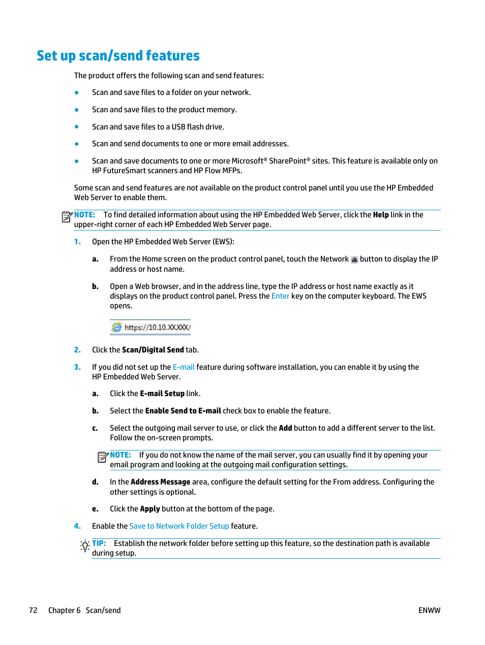 Set up scan/send features | HP Color LaserJet Enterprise flow M880 Multifunction Printer series User Manual | Page 82 / 202