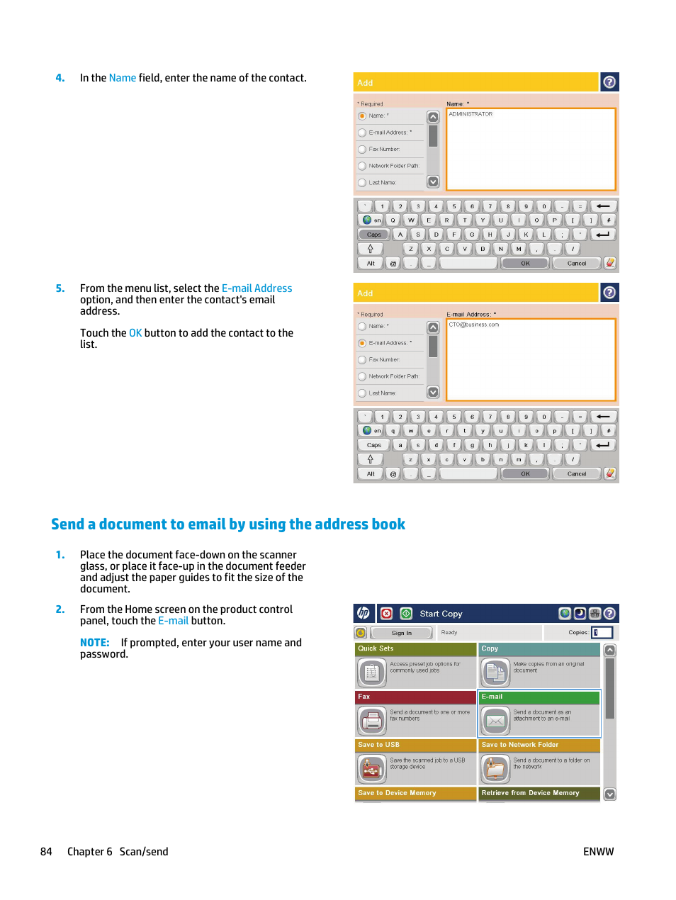 Send a document to email by using the address book | HP Color LaserJet Enterprise flow M880 Multifunction Printer series User Manual | Page 94 / 202
