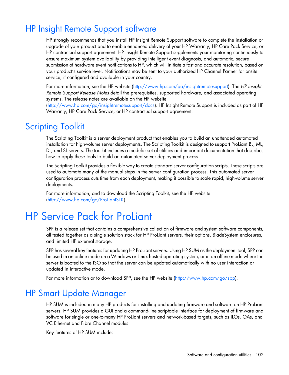 Hp insight remote support software, Scripting toolkit, Hp service pack for proliant | Hp smart update manager | HP ProLiant DL380p Gen8 Server User Manual | Page 102 / 134