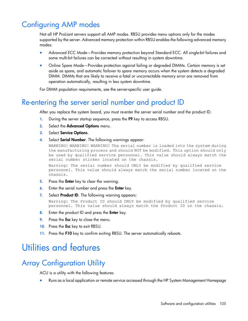 Configuring amp modes, Utilities and features, Array configuration utility | HP ProLiant DL380p Gen8 Server User Manual | Page 105 / 134