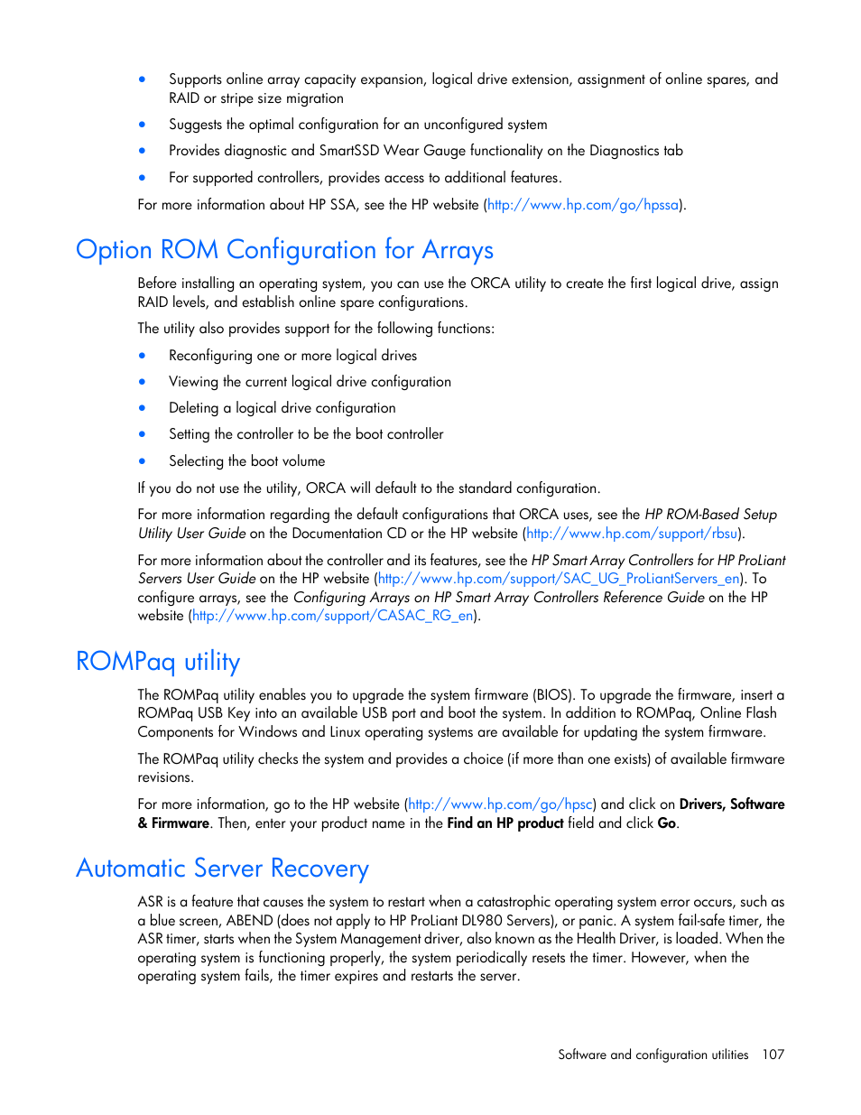 Option rom configuration for arrays, Rompaq utility, Automatic server recovery | HP ProLiant DL380p Gen8 Server User Manual | Page 107 / 134