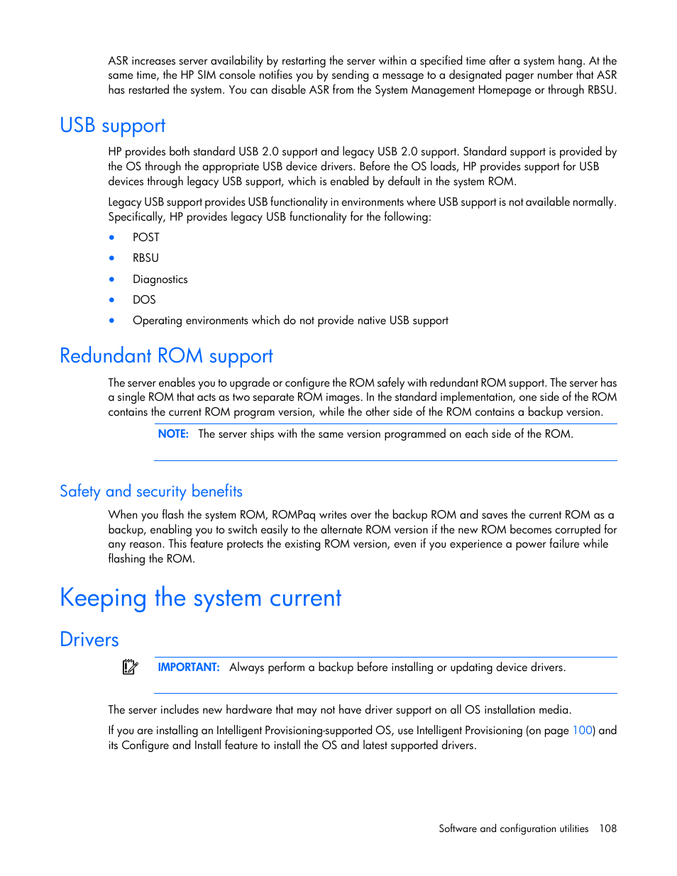 Usb support, Redundant rom support, Safety and security benefits | Keeping the system current, Drivers | HP ProLiant DL380p Gen8 Server User Manual | Page 108 / 134