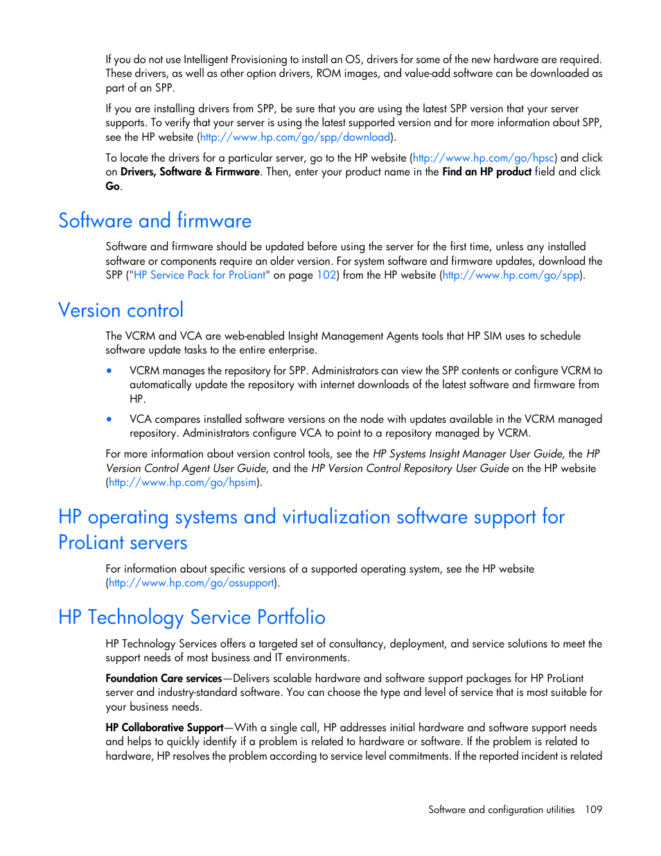 Software and firmware, Version control, Hp technology service portfolio | HP ProLiant DL380p Gen8 Server User Manual | Page 109 / 134