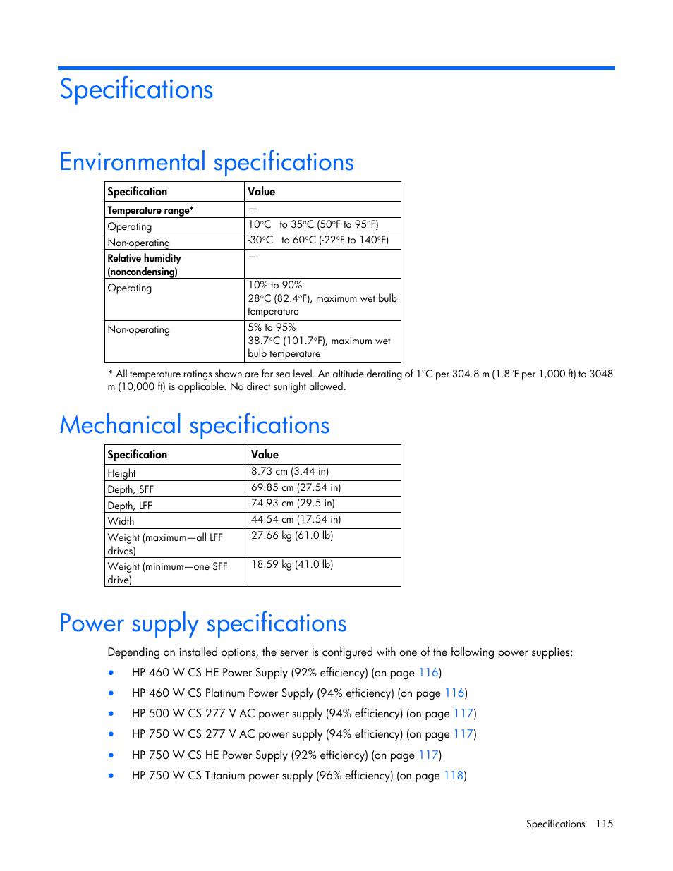 Specifications, Environmental specifications, Mechanical specifications | Power supply specifications | HP ProLiant DL380p Gen8 Server User Manual | Page 115 / 134