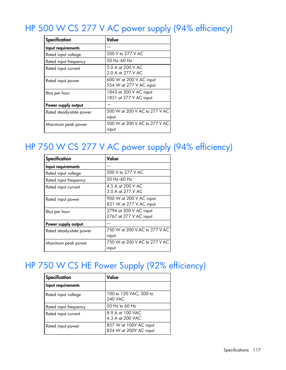 Hp 500 w cs 277 v ac power supply (94% efficiency), Hp 750 w cs 277 v ac power supply (94% efficiency), Hp 750 w cs he power supply (92% efficiency) | HP ProLiant DL380p Gen8 Server User Manual | Page 117 / 134