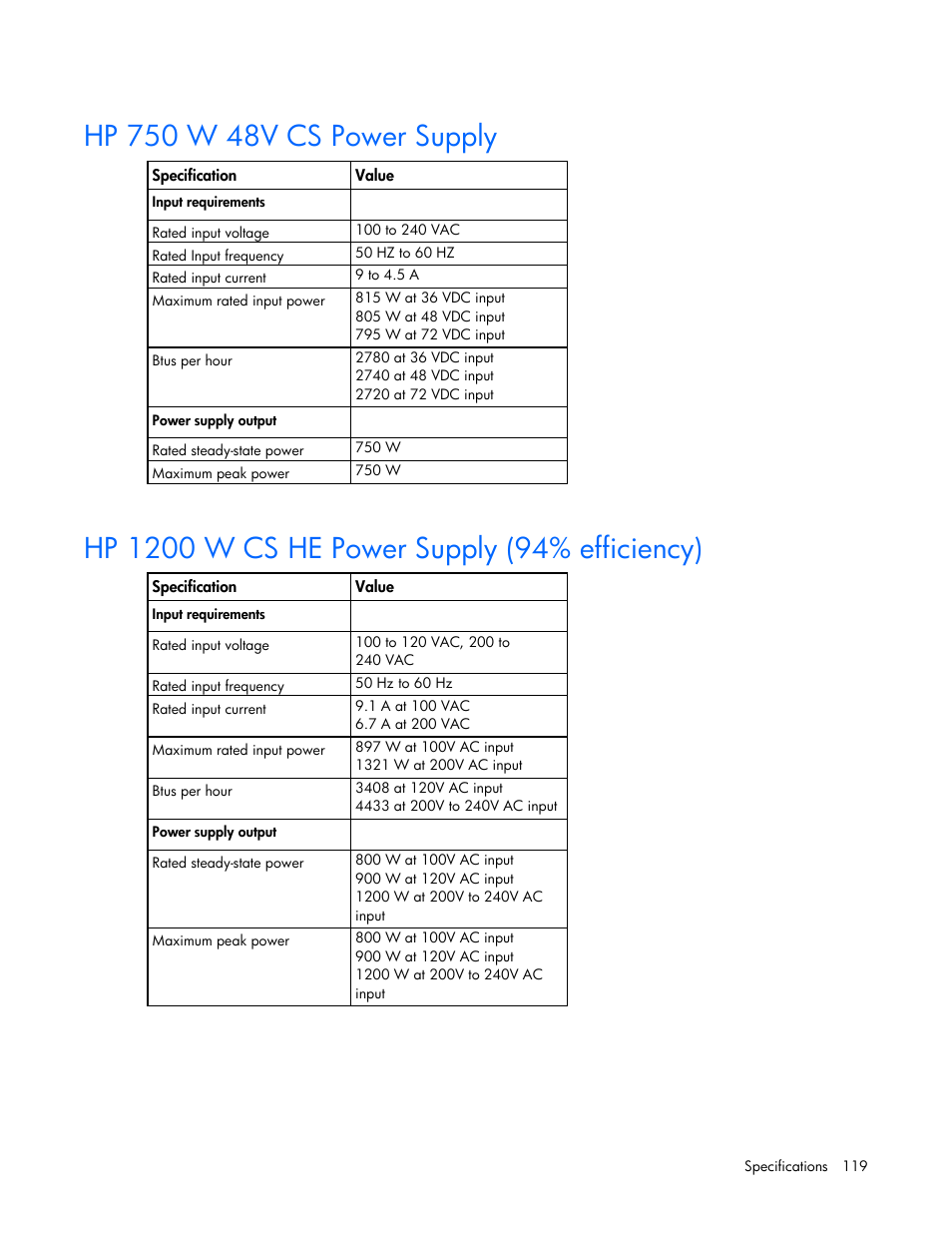 Hp 750 w 48v cs power supply, Hp 1200 w cs he power supply (94% efficiency) | HP ProLiant DL380p Gen8 Server User Manual | Page 119 / 134