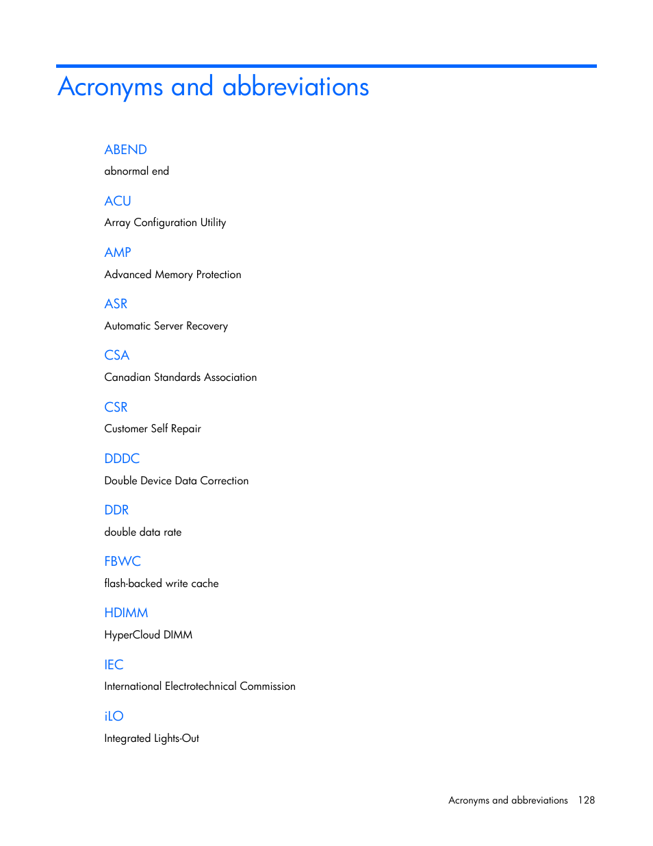 Acronyms and abbreviations | HP ProLiant DL380p Gen8 Server User Manual | Page 128 / 134