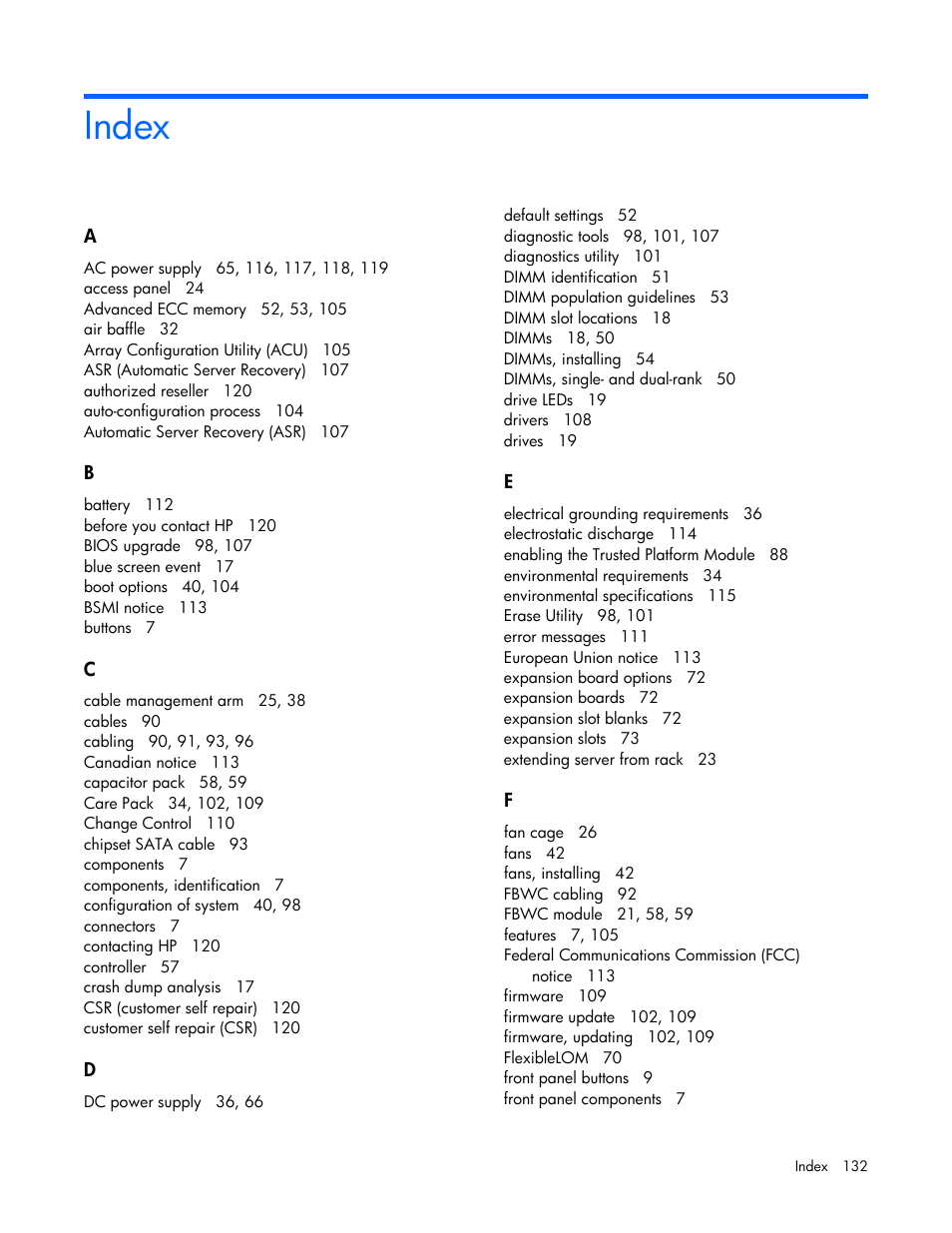 Index | HP ProLiant DL380p Gen8 Server User Manual | Page 132 / 134