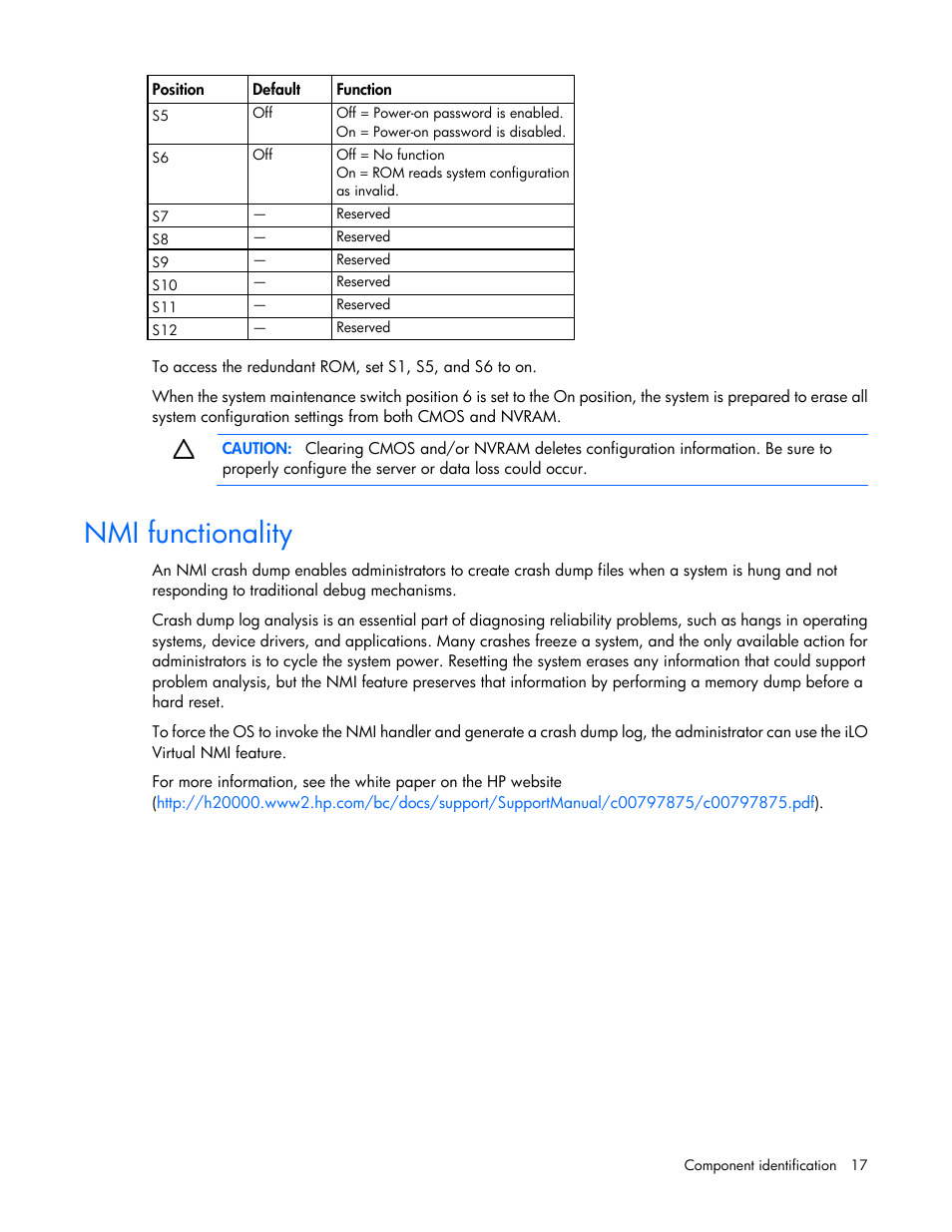 Nmi functionality | HP ProLiant DL380p Gen8 Server User Manual | Page 17 / 134