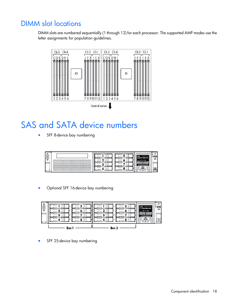 Dimm slot locations, Sas and sata device numbers | HP ProLiant DL380p Gen8 Server User Manual | Page 18 / 134