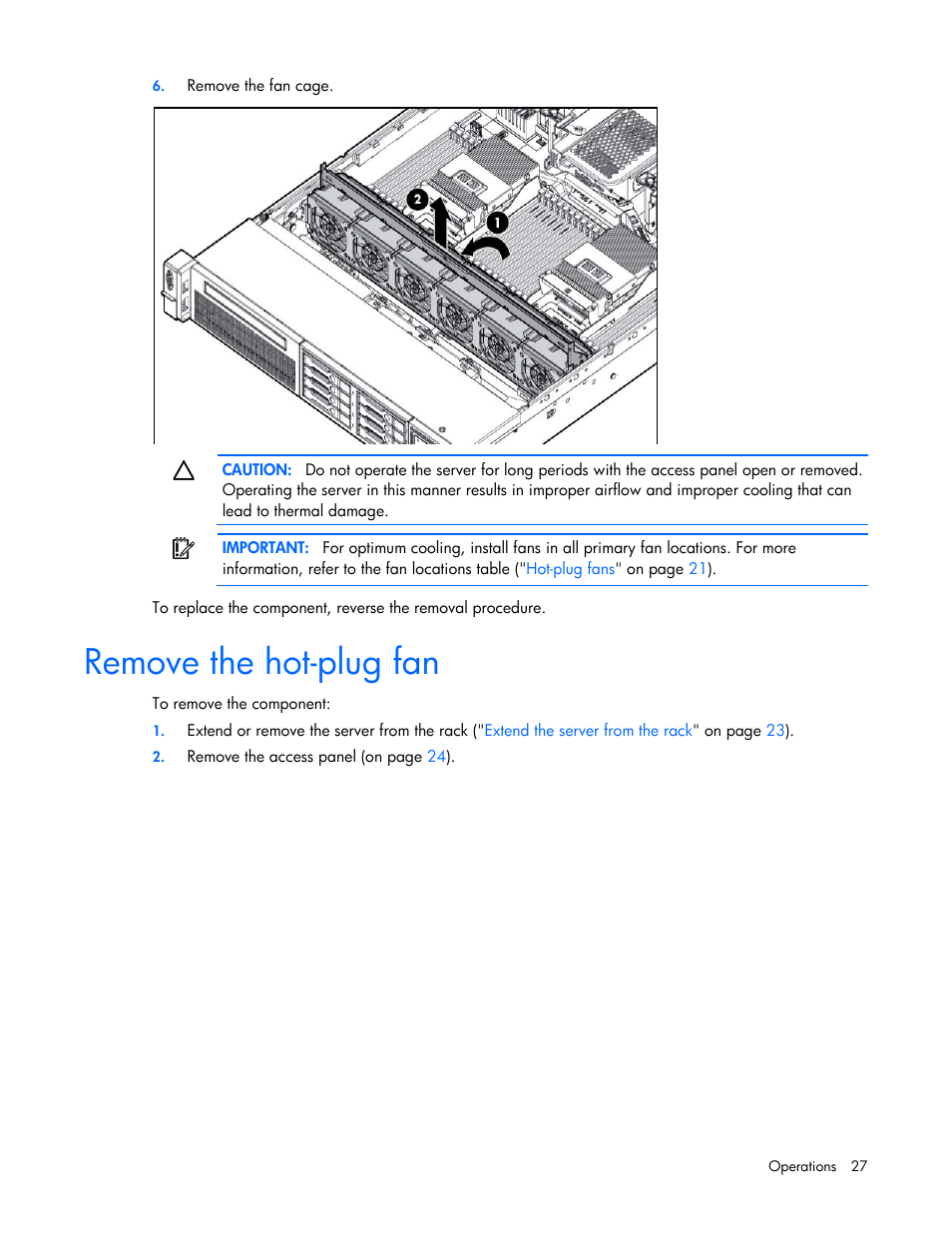 Remove the hot-plug fan | HP ProLiant DL380p Gen8 Server User Manual | Page 27 / 134