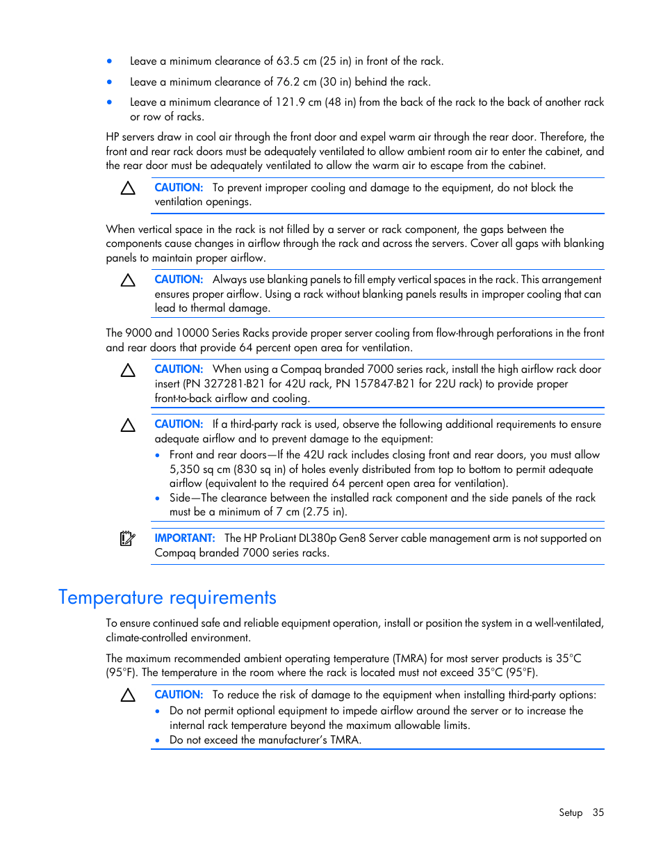 Temperature requirements | HP ProLiant DL380p Gen8 Server User Manual | Page 35 / 134