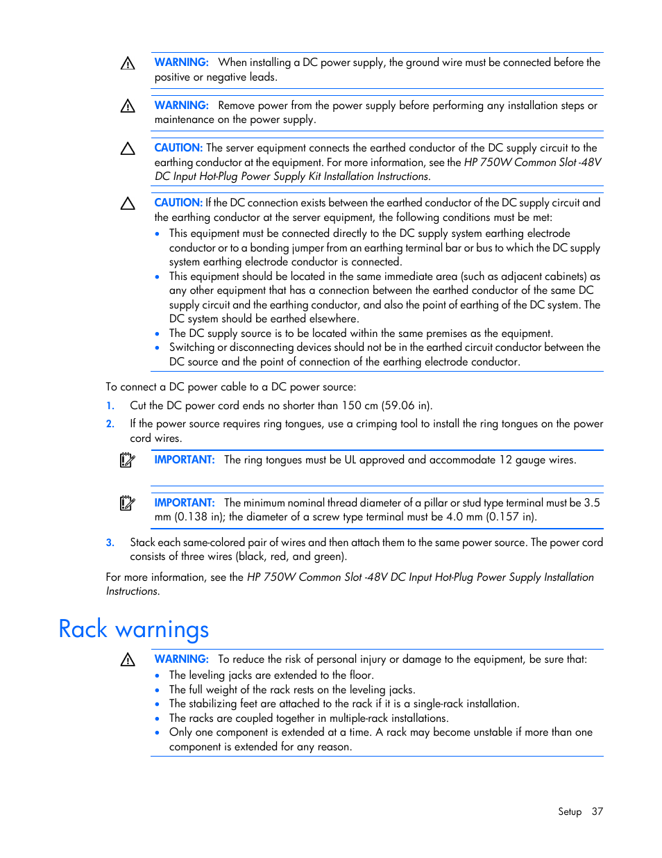 Rack warnings | HP ProLiant DL380p Gen8 Server User Manual | Page 37 / 134