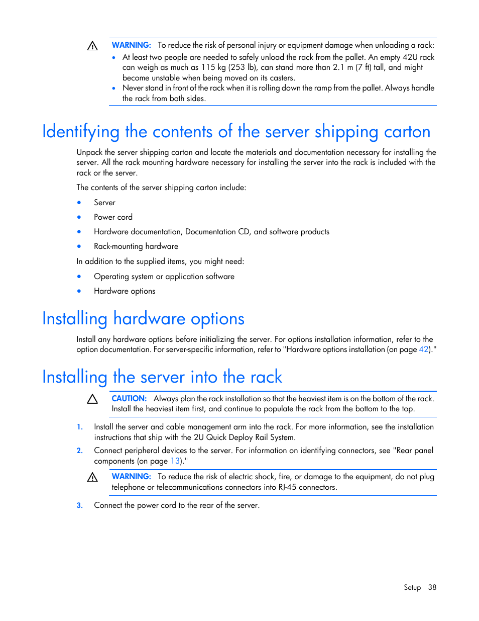 Installing hardware options, Installing the server into the rack | HP ProLiant DL380p Gen8 Server User Manual | Page 38 / 134