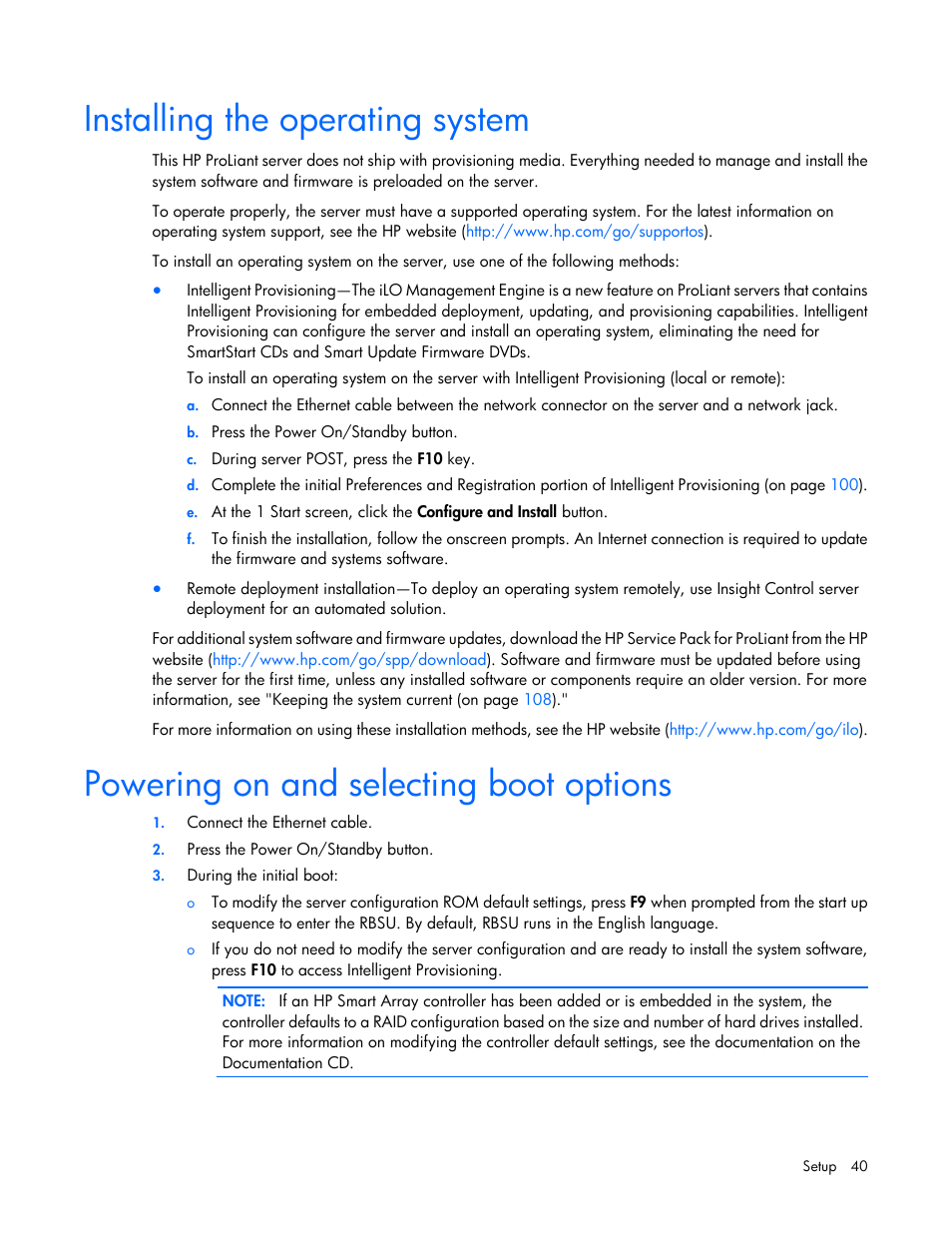 Installing the operating system, Powering on and selecting boot options | HP ProLiant DL380p Gen8 Server User Manual | Page 40 / 134