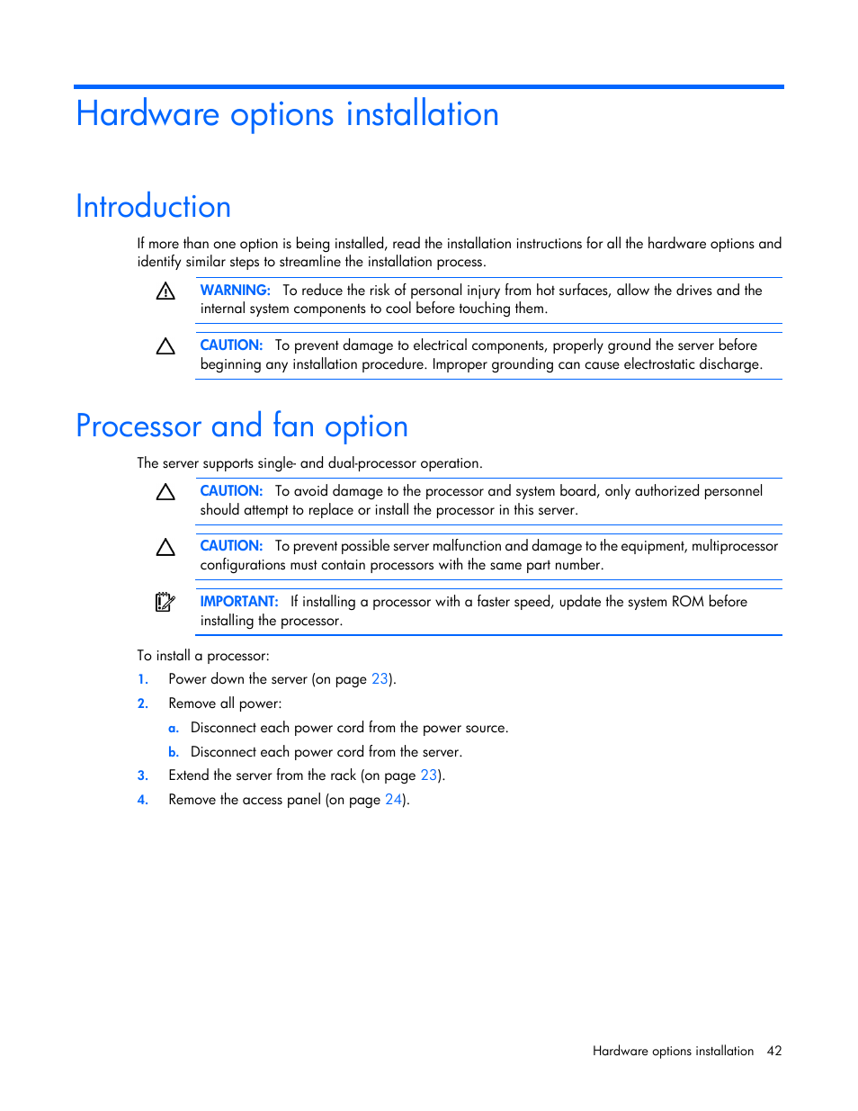 Hardware options installation, Introduction, Processor and fan option | HP ProLiant DL380p Gen8 Server User Manual | Page 42 / 134