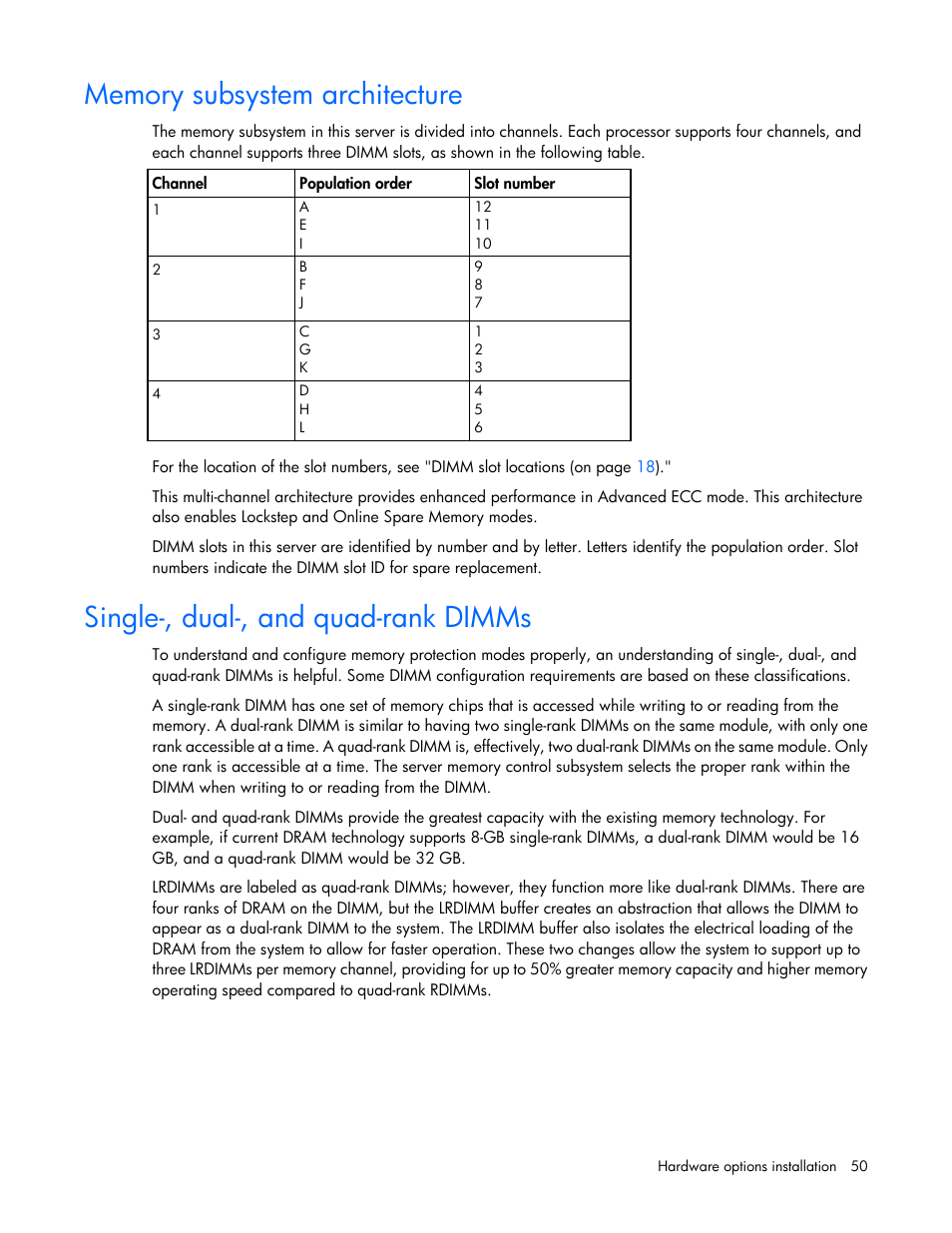 Memory subsystem architecture, Single-, dual-, and quad-rank dimms | HP ProLiant DL380p Gen8 Server User Manual | Page 50 / 134