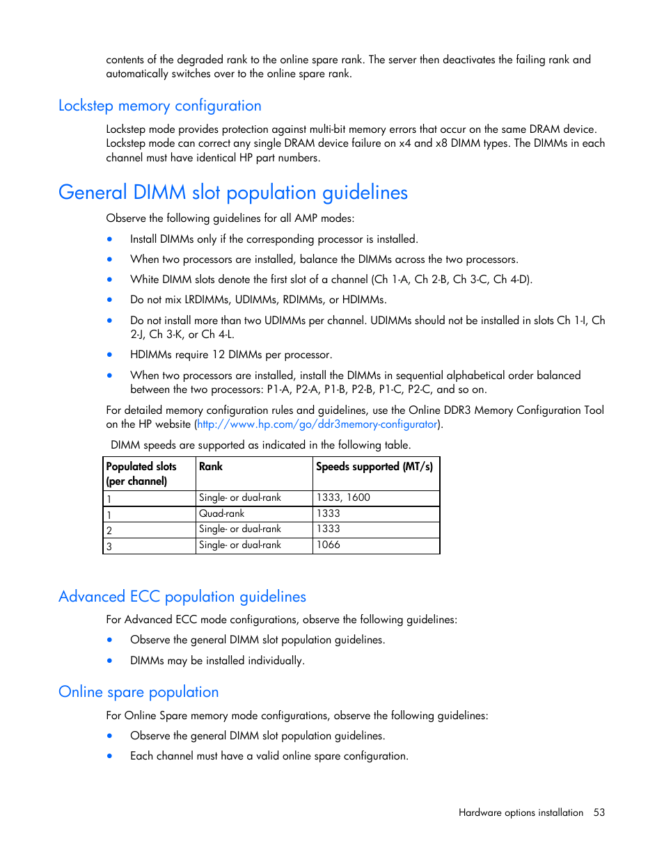 Lockstep memory configuration, General dimm slot population guidelines, Advanced ecc population guidelines | Online spare population | HP ProLiant DL380p Gen8 Server User Manual | Page 53 / 134