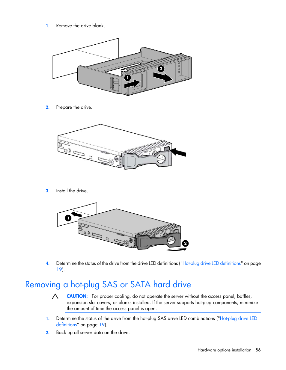 Removing a hot-plug sas or sata hard drive | HP ProLiant DL380p Gen8 Server User Manual | Page 56 / 134