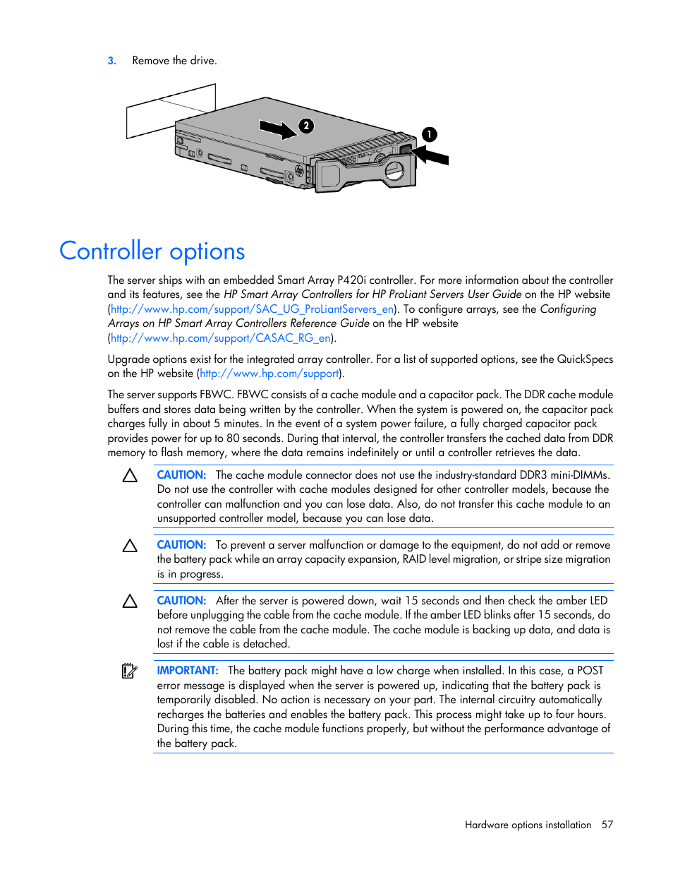 Controller options | HP ProLiant DL380p Gen8 Server User Manual | Page 57 / 134