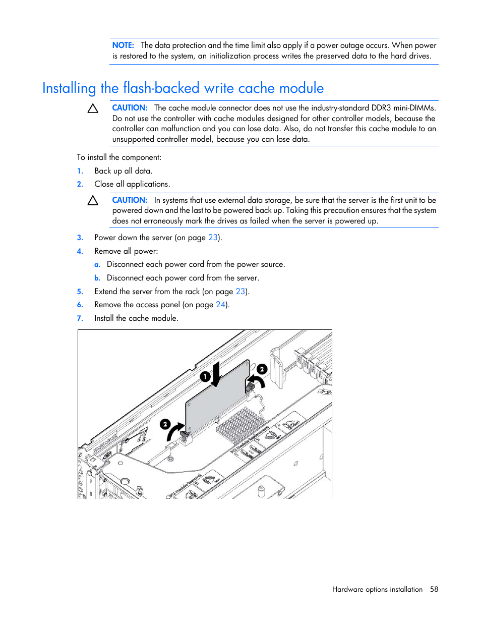 Installing the flash-backed write cache module | HP ProLiant DL380p Gen8 Server User Manual | Page 58 / 134
