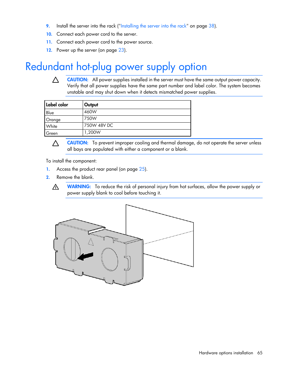 Redundant hot-plug power supply option | HP ProLiant DL380p Gen8 Server User Manual | Page 65 / 134