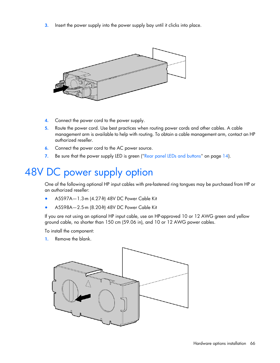 48v dc power supply option | HP ProLiant DL380p Gen8 Server User Manual | Page 66 / 134