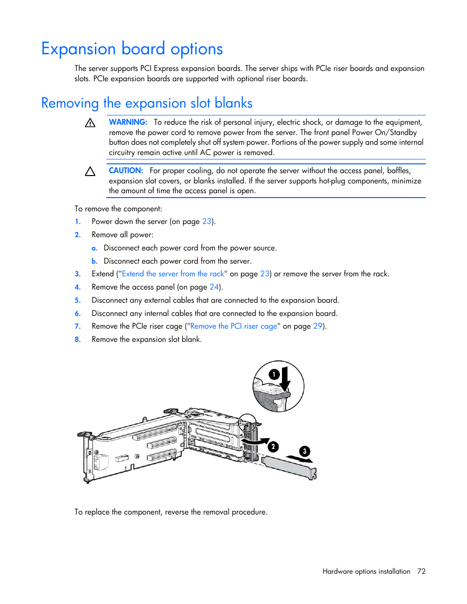 Expansion board options, Removing the expansion slot blanks | HP ProLiant DL380p Gen8 Server User Manual | Page 72 / 134