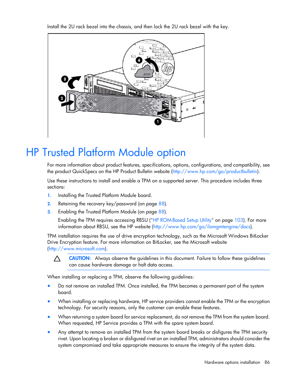 Hp trusted platform module option | HP ProLiant DL380p Gen8 Server User Manual | Page 86 / 134