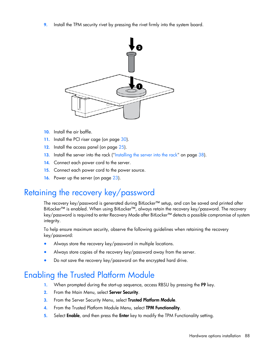 Retaining the recovery key/password, Enabling the trusted platform module | HP ProLiant DL380p Gen8 Server User Manual | Page 88 / 134