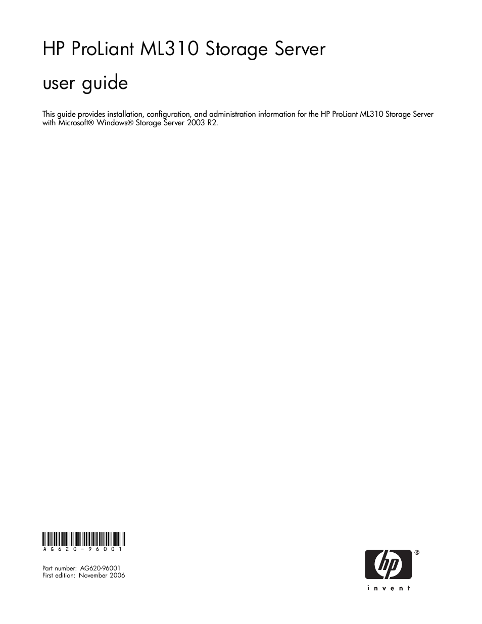 HP ProLiant ML310 G3 Storage Server User Manual | 119 pages