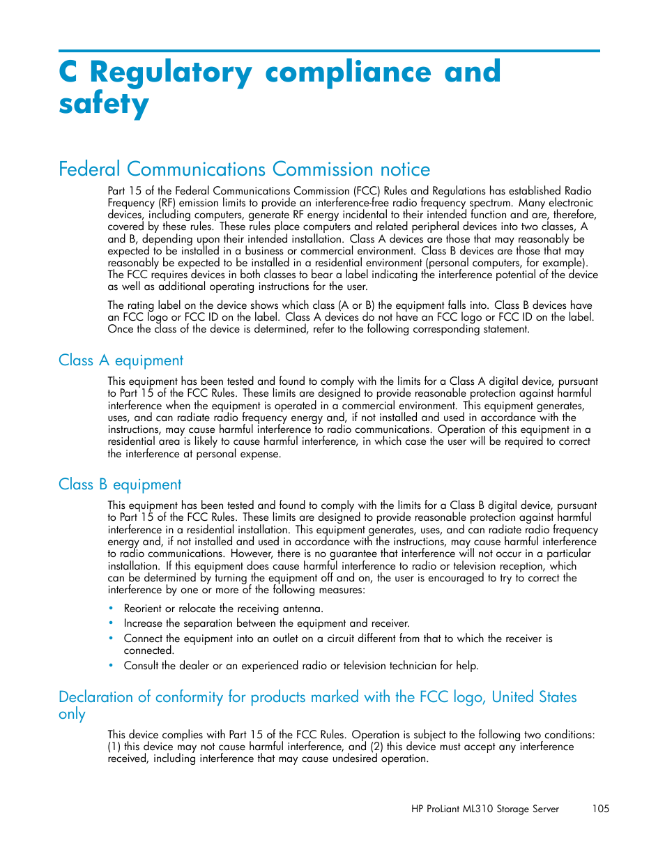 C regulatory compliance and safety, Federal communications commission notice, Class a equipment | Class b equipment | HP ProLiant ML310 G3 Storage Server User Manual | Page 105 / 119