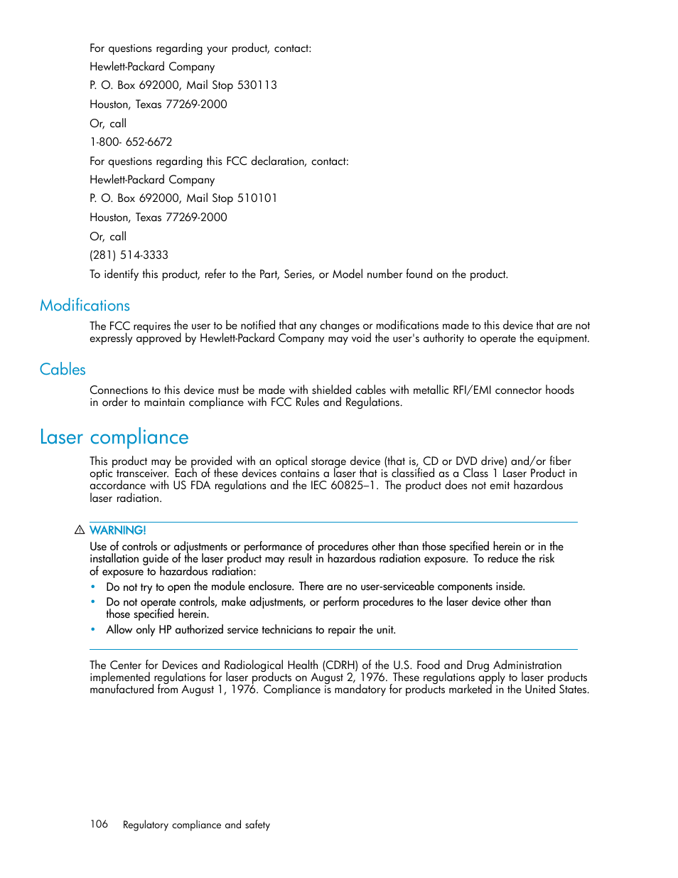 Modifications, Cables, Laser compliance | HP ProLiant ML310 G3 Storage Server User Manual | Page 106 / 119