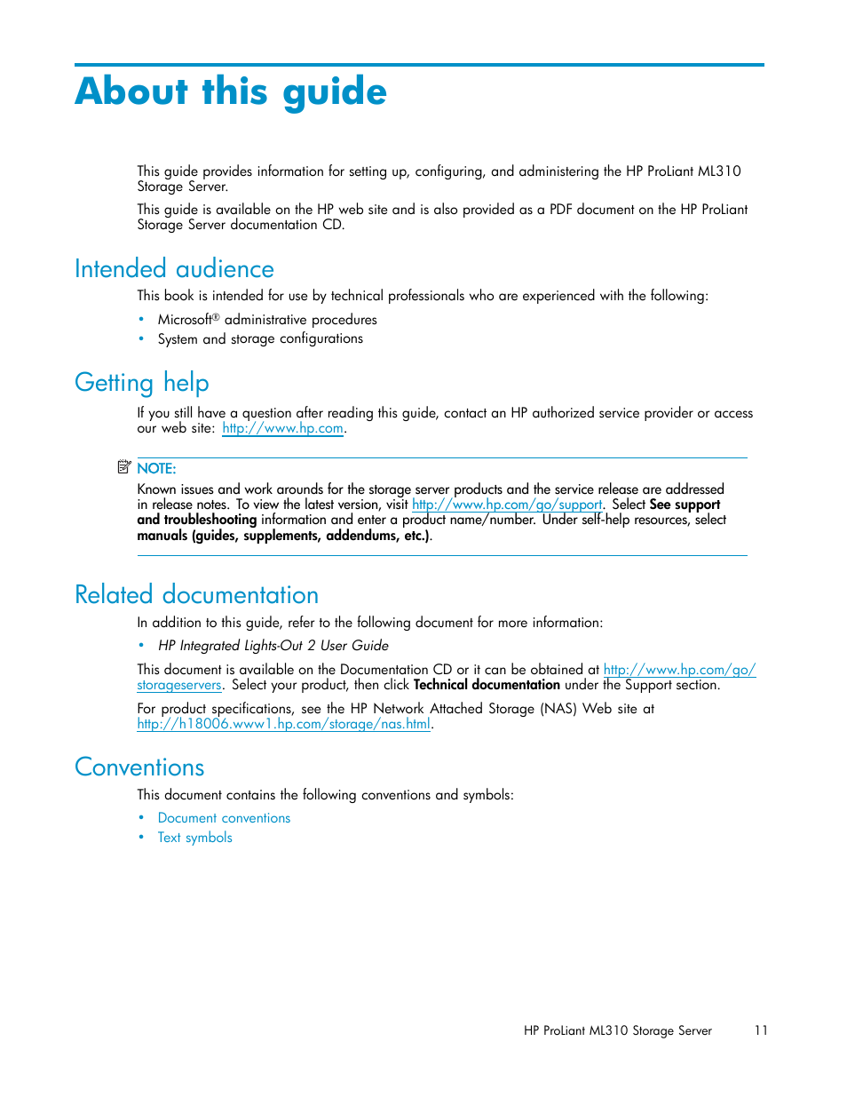 About this guide, Intended audience, Getting help | Related documentation, Conventions | HP ProLiant ML310 G3 Storage Server User Manual | Page 11 / 119