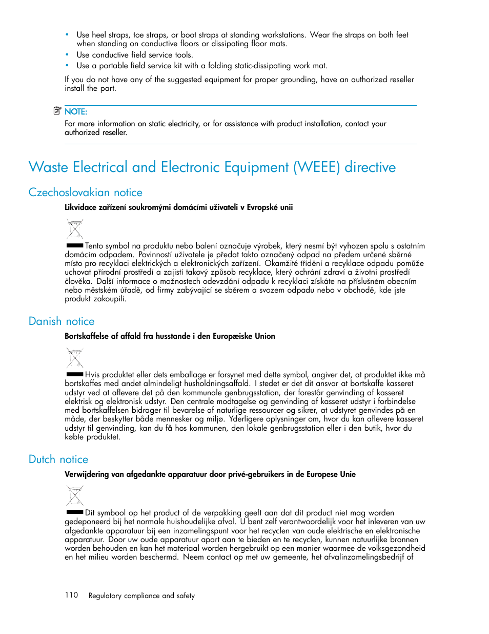 Czechoslovakian notice, Danish notice, Dutch notice | HP ProLiant ML310 G3 Storage Server User Manual | Page 110 / 119