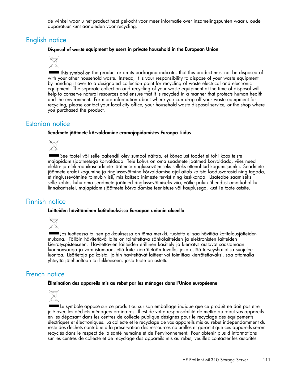 English notice, Estonian notice, Finnish notice | French notice | HP ProLiant ML310 G3 Storage Server User Manual | Page 111 / 119